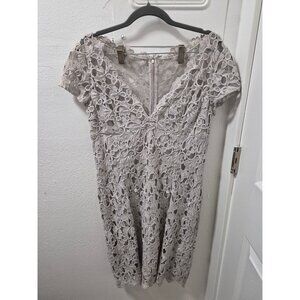 Chetta B Lace Overlay Dress Cap Sleeves & V-Neckline Size 12 Light Gray Elegant